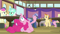 Size: 1920x1080 | Tagged: safe, screencap, character:fluttershy, character:golden crust, character:midnight snack, character:pinkie pie, species:pony, episode:a trivial pursuit, g4, my little pony: friendship is magic, abdominal bulge, cursed image, friendship student, jesus christ how horrifying, stuffing