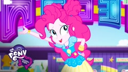 Size: 1280x720 | Tagged: safe, screencap, character:bright idea, character:microchips, character:paisley, character:pinkie pie, episode:five lines you need to stand in, g4, my little pony:equestria girls, bright idea, equestria girls logo, geode of sugar bombs, magical geodes, music festival outfit, valhallen