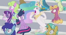 Size: 1366x725 | Tagged: safe, screencap, character:citrine spark, character:cloudburst, character:daisy, character:fire quacker, character:gallus, character:princess celestia, character:sandbar, character:starlight glimmer, character:twilight sparkle, character:twilight sparkle (alicorn), species:alicorn, species:earth pony, species:pony, episode:2-4-6 greaaat, background pony, clever musings, faec, female, fire flicker, friendship student, jewelry, majestic as fuck, male, regalia, shocked expression, shrunken pupils, traditional royal canterlot voice