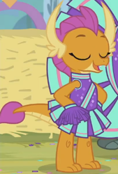 Size: 290x429 | Tagged: safe, screencap, character:smolder, species:dragon, episode:2-4-6 greaaat, arrogant, cheerleader outfit, cheerleader smolder, clothing, cloven hooves, cute, dragoness, eyes closed, female, hands on hip, horns, open mouth, outdoors, pleated skirt, pom pom, pride, skirt, smiling, smolderbetes, smug, talking, toes