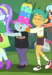 Size: 325x470 | Tagged: safe, screencap, character:aqua blossom, character:frosty orange, character:snails, character:snips, episode:five lines you need to stand in, g4, my little pony:equestria girls, clothing, converse, cropped, eyes closed, female, hat, legs, male, offscreen character, pants, shoes, shorts