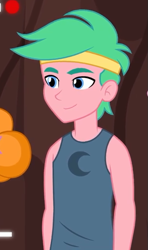 Size: 379x642 | Tagged: safe, screencap, episode:five lines you need to stand in, g4, my little pony:equestria girls, background human, bare arms, clothing, cropped, lemon zack, smiling, solo