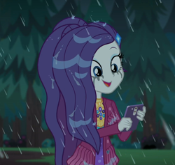 Size: 1138x1080 | Tagged: safe, screencap, character:rarity, episode:inclement leather, g4, my little pony:equestria girls, cellphone, clothing, cropped, cute, hashtag rain hair don't care, inclement leather: vignette valencia, jacket, makeup, mascara, mascarity, outdoors, phone, rain, raribetes, running makeup, smartphone, smiling, suede jacket, wet, wet hair, wet hairity