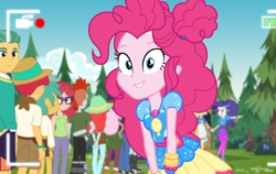 Size: 1142x720 | Tagged: safe, screencap, character:applejack, character:flash sentry, character:photo finish, character:pinkie pie, character:rarity, character:snails, episode:five lines you need to stand in, g4, my little pony:equestria girls, alizarin bubblegum, clothing, crimson napalm, cute, diapinkes, female, geode of sugar bombs, guy grove, hat, holding hands, hunter hedge, magical geodes, male, peppermint azure, raspberry lilac, shipping fuel, smiling