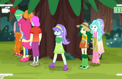 Size: 1108x720 | Tagged: safe, screencap, character:aqua blossom, character:paisley, character:pinkie pie, character:scribble dee, episode:five lines you need to stand in, g4, my little pony:equestria girls, background human, boots, clothing, female, fry lilac, hat, lemon zack, male, no socks, pants, pantyhose, shoes, skirt, sneakers, snow flower, sweet leaf