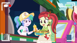 Size: 1920x1080 | Tagged: safe, screencap, episode:five lines you need to stand in, g4, my little pony:equestria girls, background human, baseball cap, bracelet, cap, chips, clothing, ear piercing, earring, female, food, food truck, hat, jewelry, mustard, nachos, not celestia, outdoors, piercing, ponytail, recording, rose heart, sauce, selfie drone, summer solstice (character), vendor, video