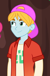 Size: 436x657 | Tagged: safe, screencap, episode:five lines you need to stand in, g4, my little pony:equestria girls, background human, backwards ballcap, baseball cap, cap, clothing, cropped, fry lilac, hat, male, smiling, solo