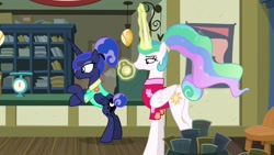 Size: 1920x1080 | Tagged: safe, screencap, character:princess celestia, character:princess luna, species:pony, episode:between dark and dawn, g4, my little pony: friendship is magic, alternate hairstyle, celestia is not amused, chronometer, clothing, hawaiian shirt, magic, pocket watch, post office, royal sisters, shirt, tail bun, that pony sure does love the post office, unamused, weighing scale