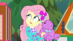 Size: 2048x1152 | Tagged: safe, screencap, character:fluttershy, species:dog, episode:lost and pound, g4, my little pony:equestria girls, female, geode of fauna, lost and pound: fluttershy, magical geodes, princess thunder guts