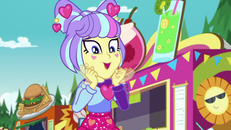 Size: 800x450 | Tagged: safe, screencap, character:supernova zap, episode:lost and pound, g4, my little pony:equestria girls, animated, burger, cute, excited, fangirling, female, food, food truck, french fries, gif, hamburger, happy, lost and pound: fluttershy, outdoors, smiling, solo, squee, su-z, su-z-betes, supernova zap
