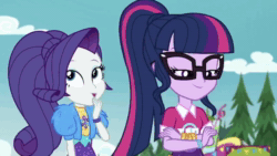 Size: 1280x720 | Tagged: safe, screencap, character:rarity, character:twilight sparkle, character:twilight sparkle (scitwi), species:eqg human, episode:lost and pound, g4, my little pony:equestria girls, animated, bolero jacket, geode of shielding, glasses, implied spike, lost and pound: spike, magical geodes, ponytail, sci-twi is best facemaker, smug, sound, webm