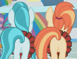 Size: 537x415 | Tagged: safe, screencap, character:lighthoof, character:shimmy shake, species:earth pony, species:pony, episode:2-4-6 greaaat, butt, cheerleader, clothing, female, i watch it for the plot, mare, plot, plot pair, ponytail, skirt, technically an upskirt shot, upskirt