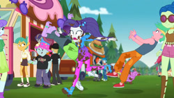 Size: 2048x1152 | Tagged: safe, screencap, character:aqua blossom, character:rarity, character:snails, character:snips, species:dog, episode:lost and pound, g4, my little pony:equestria girls, background human, chase, clothing, crimson napalm, drama queen, duke suave, female, food truck, halter top, laurel jade, lemon zack, lost and pound: rarity, male, marshmelodrama, outdoors, princess thunder guts, rolling stone (character), scared, shorts, snips's festival hat, sunglasses, thunderbass