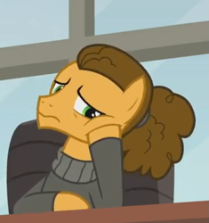 Size: 879x937 | Tagged: safe, screencap, character:cheese sandwich, species:earth pony, species:pony, episode:the last laugh, g4, my little pony: friendship is magic, bored, clothing, male, man bun, office, ponytail, sweater