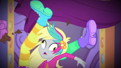 Size: 1920x1080 | Tagged: safe, screencap, character:bulk biceps, character:derpy hooves, episode:lost and pound, g4, my little pony:equestria girls, clothing, derpybulk, falling, knocked silly, legs in air, lost and pound: rarity, photo booth, shoes, wall eyed