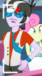 Size: 392x713 | Tagged: safe, screencap, character:bon bon, character:ringo, character:sweetie drops, episode:five lines you need to stand in, g4, my little pony:equestria girls, background human, bow tie, clothing, female, glasses, male, ringo