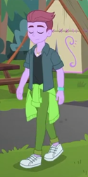 Size: 183x366 | Tagged: safe, screencap, episode:five lines you need to stand in, g4, my little pony:equestria girls, background human, clothing, cropped, duke suave, eyes closed, male, pants, shoes, sneakers, solo