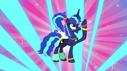 Size: 1920x1080 | Tagged: safe, screencap, character:princess luna, species:alicorn, species:pony, episode:between dark and dawn, g4, my little pony: friendship is magic, 80s princess luna, alternate hairstyle, barehoof, cute, face paint, folded wings, hair dye, hair ornament, happy go lucky, jewelry, looking up, makeup, missing accessory, necklace, pearl necklace, ponytail, raised hoof, smiling, solo, wings