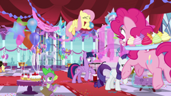 Size: 1920x1080 | Tagged: safe, screencap, character:applejack, character:fluttershy, character:pinkie pie, character:rainbow dash, character:rarity, character:spike, character:twilight sparkle, character:twilight sparkle (alicorn), species:alicorn, species:dragon, species:earth pony, species:pegasus, species:pony, species:unicorn, episode:between dark and dawn, g4, my little pony: friendship is magic, air pump, applejack's hat, balloon, blowing up balloons, canterlot castle, clothing, cowboy hat, decoration, female, food, glowing horn, hat, horn, horseshoes, inflating, magic, male, mane seven, mane six, mare, note, party, pumping, stars, statue, streamers, telekinesis, winged spike