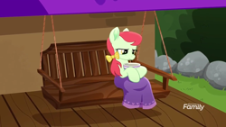 Size: 1280x720 | Tagged: safe, screencap, species:earth pony, species:pony, friendship is magic: rainbow roadtrip, g4, my little pony: friendship is magic, apple juice (character), background pony, blanket, bow, bowl, female, food, hair bow, hammock, mane bow, mare, porch, sick, solo, soup