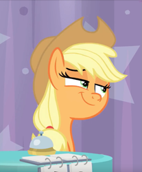 Size: 591x714 | Tagged: safe, screencap, character:applejack, species:earth pony, species:pony, episode:a trivial pursuit, g4, my little pony: friendship is magic, :t, cropped, faec, female, lidded eyes, mare, smiling, smirk, smug, smugjack, solo