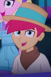 Size: 400x600 | Tagged: safe, screencap, equestria girls:sunset's backstage pass, g4, my little pony:equestria girls, background human, clothing, cropped, female, happy, hat, hunter hedge, male, overall shorts, overalls, panama hat, sandy cerise, shorts, solo focus
