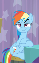 Size: 448x715 | Tagged: safe, screencap, character:rainbow dash, species:pegasus, species:pony, episode:a trivial pursuit, g4, my little pony: friendship is magic, cropped, crossed hooves, female, looking at you, mare, raised eyebrow, sitting, smiling, smirk, smug, smugdash, solo, table