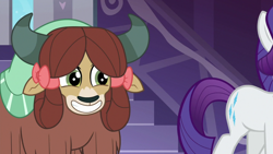 Size: 1920x1080 | Tagged: safe, screencap, character:rarity, character:yona, species:pony, species:unicorn, species:yak, episode:she's all yak, g4, my little pony: friendship is magic, carousel boutique, cute, cutie mark, excited, female, grin, hair bow, horns, mare, mentoring, monkey swings, smiling, solo focus, tail, teenager, walking, yonadorable