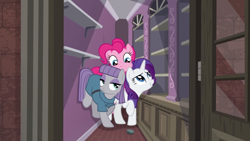 Size: 2880x1620 | Tagged: safe, screencap, character:boulder, character:maud pie, character:pinkie pie, character:rarity, species:earth pony, species:pony, species:unicorn, episode:the gift of the maud pie, g4, my little pony: friendship is magic, cramped, female, mare, raised hoof, squished, trio