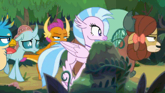 Size: 546x306 | Tagged: safe, screencap, character:applejack, character:gallus, character:ocellus, character:rainbow dash, character:sandbar, character:silverstream, character:smolder, character:yona, species:changedling, species:changeling, species:classical hippogriff, species:dragon, species:earth pony, species:griffon, species:hippogriff, species:pony, species:reformed changeling, species:yak, episode:non-compete clause, g4, my little pony: friendship is magic, animated, bow, cloven hooves, colored hooves, dragoness, female, flying, forest, hair bow, jewelry, male, monkey swings, necklace, rock, student six, teenager