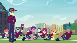 Size: 1280x720 | Tagged: safe, screencap, character:crystal lullaby, character:ginger owlseye, character:melon mint, character:orange sherbette, episode:pinkie spy, equestria girls:friendship games, g4, my little pony:equestria girls, alizarin bubblegum, background human, carlos thunderbolt, clothing, coach, coach rommel, crystal prep academy, crystal prep academy students, exercise, female, legs, male, marco dafoy, peacock plume, shorts, sit-ups, sky, track starr