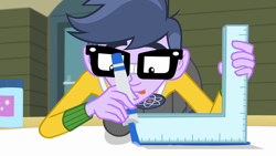 Size: 1280x720 | Tagged: safe, screencap, character:microchips, episode:a banner day, equestria girls:friendship games, g4, my little pony:equestria girls, clothing, glasses, male, marker, ruler, solo