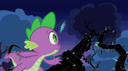 Size: 2100x1177 | Tagged: safe, screencap, character:spike, species:dragon, episode:princess twilight sparkle, g4, my little pony: friendship is magic, black vine, male, night, solo, thorns, tree, vine, worm's eye view