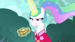Size: 1920x1080 | Tagged: safe, screencap, character:princess celestia, species:pony, episode:between dark and dawn, g4, my little pony: friendship is magic, alternate hairstyle, aweeg*, celestia is not amused, clothing, cute, food, hawaiian shirt, madorable, magic, sandwich, shirt, solo, unamused