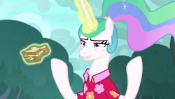 Size: 1920x1080 | Tagged: safe, screencap, character:princess celestia, species:pony, episode:between dark and dawn, g4, my little pony: friendship is magic, alternate hairstyle, clothing, food, hawaiian shirt, magic, sandwich, shirt, solo