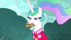 Size: 1920x1080 | Tagged: safe, screencap, character:princess celestia, species:pony, episode:between dark and dawn, g4, my little pony: friendship is magic, alternate hairstyle, clothing, food, hawaiian shirt, nom, sandwich, shirt, solo
