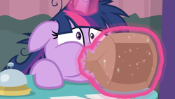 Size: 1280x720 | Tagged: safe, screencap, character:twilight sparkle, character:twilight sparkle (alicorn), species:alicorn, species:pony, episode:a trivial pursuit, g4, my little pony: friendship is magic, blowing, female, hyperventilating, magic, mare, paper bag, puffy cheeks, solo, twilighting