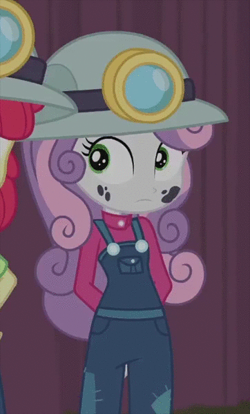 Size: 362x600 | Tagged: safe, screencap, character:apple bloom, character:sweetie belle, episode:happily ever after party, g4, my little pony:equestria girls, animated, choose your own ending (season 1), clothing, costume, cute, cyoa, diasweetes, miner, solo focus