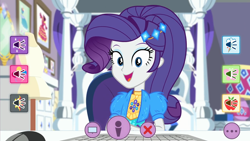 Size: 1920x1080 | Tagged: safe, screencap, character:rarity, episode:festival looks, g4, my little pony:equestria girls, beautiful, computer mouse, cute, female, happy, icon, keyboard, looking at you, raribetes, rarity's bedroom, smiling, solo, webcam