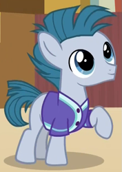 Size: 445x630 | Tagged: safe, screencap, character:little league, species:pony, episode:common ground, g4, my little pony: friendship is magic, background pony, buckball uniform, clothing, colt, cropped, jersey, male, raised hoof, solo