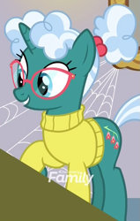 Size: 555x875 | Tagged: safe, screencap, character:bellflower blurb, species:pony, species:unicorn, episode:the point of no return, g4, my little pony: friendship is magic, clothing, discovery family logo, female, glasses, mare, ponytail, solo, sweater