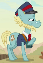 Size: 320x470 | Tagged: safe, screencap, species:earth pony, species:pony, episode:sounds of silence, g4, my little pony: friendship is magic, clothing, cropped, hat, loose tracks, male, narrowed eyes, raised hoof, sideburns, smiling, smirk, solo, stallion, uniform