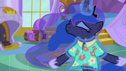 Size: 1920x1080 | Tagged: safe, screencap, character:princess luna, species:alicorn, species:pony, episode:between dark and dawn, g4, my little pony: friendship is magic, clothing, female, hawaiian shirt, magic, magic aura, mare, palindrome get, shirt, solo