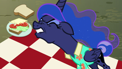 Size: 1920x1080 | Tagged: safe, screencap, character:princess luna, episode:between dark and dawn, g4, my little pony: friendship is magic, angry, faec, food, invisible stallion, picnic blanket, sandwich