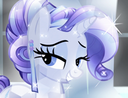 Size: 1414x1078 | Tagged: safe, screencap, character:rarity, species:crystal pony, species:pony, cropped, crystal rarity, ear piercing, earring, female, grin, jewelry, mare, piercing, smiling, solo