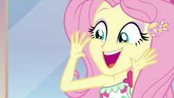 Size: 1280x720 | Tagged: safe, screencap, character:fluttershy, episode:i'm on a yacht, g4, my little pony:equestria girls, cute, faec, female, geode of fauna, magical geodes, open mouth, shyabetes, smiling, solo
