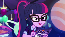 Size: 1280x720 | Tagged: safe, screencap, character:rosette nebula, character:twilight sparkle, character:twilight sparkle (scitwi), species:eqg human, episode:twilight under the stars, g4, my little pony:equestria girls, female, glasses, ponytail