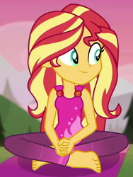 Size: 530x705 | Tagged: safe, screencap, character:sunset shimmer, episode:wake up!, g4, my little pony:equestria girls, barefoot, cute, feet, geode of empathy, magical geodes, shimmerbetes, solo, wake up!: rainbow dash, yoga, yoga mat