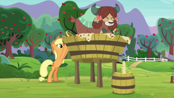 Size: 1280x720 | Tagged: safe, screencap, character:applejack, character:yona, species:earth pony, species:pony, species:yak, episode:she's all yak, g4, my little pony: friendship is magic, apple tree, applesauce, barrel, bipedal, bow, clothing, cloven hooves, cowboy hat, female, hair bow, hat, mare, monkey swings, tree, vat, yaks doing yak things