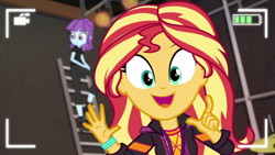 Size: 1920x1080 | Tagged: safe, screencap, character:sunset shimmer, episode:how to backstage, g4, my little pony:equestria girls, cute, female, looking at you, recording, selfie drone, shimmerbetes, smiling, video